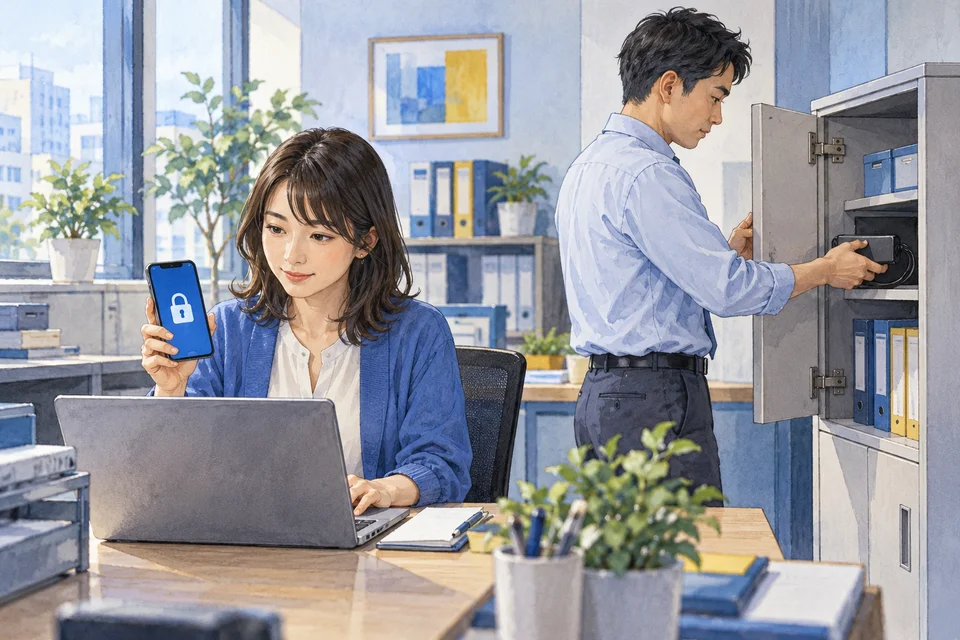 会社のパソコンとスマートフォンで本人確認を確かめ、別に保管するバックアップを確認する同僚。